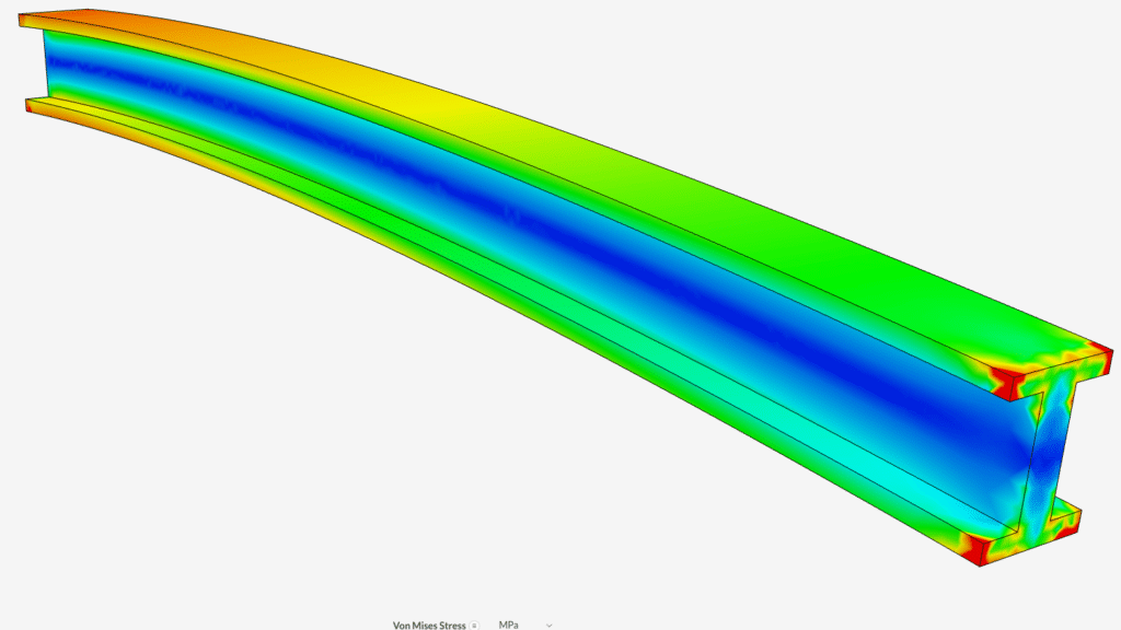 Finite element analysis: Von Mises stress distribution on a beam in bending, in MPa